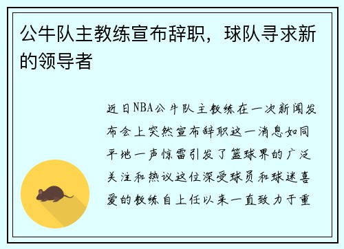 公牛队主教练宣布辞职，球队寻求新的领导者